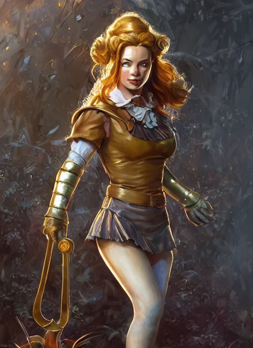 Image similar to beautiful female dorothy gale, rebecca romijn as dorothy, full body character concept, full leather armor, super powers, fantasy, intricate, elegant, highly detailed, digital painting, artstation, concept art, shining, sharp focus, illustration, art by stanley lau