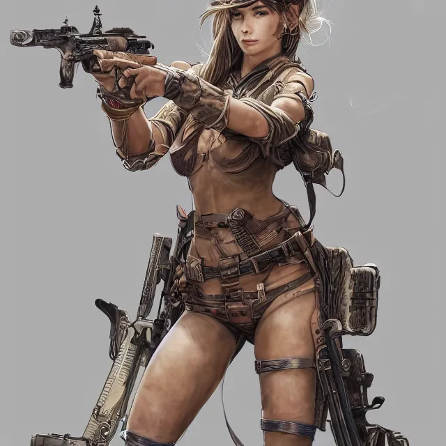 Prompt: the portrait of a lawful neutral colorful female infantry gunner as absurdly beautiful, gorgeous, elegant, young swimsuit model looking straight, an ultrafine hyperdetailed illustration by kim jung gi, irakli nadar, intricate linework, highly detailed faces, extremely sharp focus, octopath traveler, unreal engine 5 highly rendered, global illumination, radiant light, detailed and intricate environment