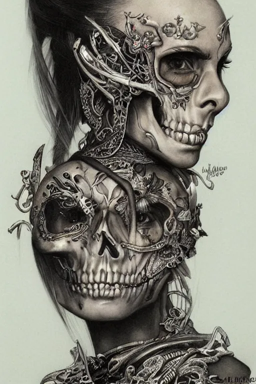 Prompt: beautiful skull cyborg portrait of a femme fatale girl with detailed patterns of thai traditional dress, highly detailed concept art by alan lee