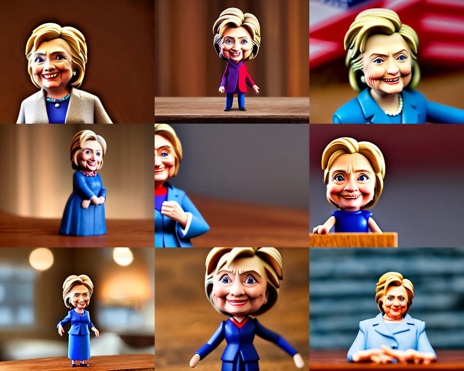 Prompt: hillary clinton figurine by pixar sad bokeh on wooden table.