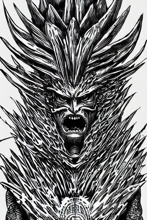 Prompt: screaming pineapple humanoid figure monster wearing themed armour, symmetrical, highly detailed, digital art, sharp focus, trending on art station, kentaro miura manga art style