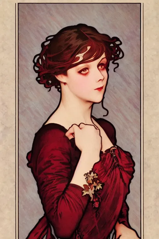 Prompt: A close-up portrait of a cute goth girl wearing a dark red dress by Alphonse Mucha, art nouveau card, wlop, trending on artstation, 8k