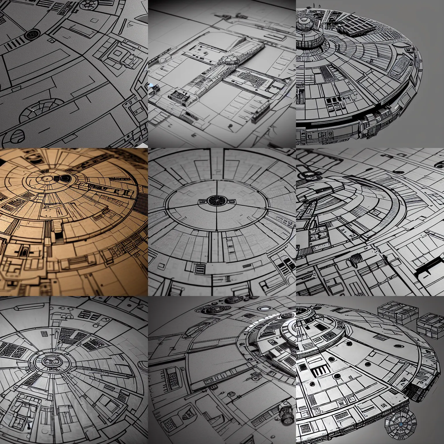 Prompt: plan of the millennium falcon on an old table, ultra detail, hyper detailed, realism, 8 k resolution
