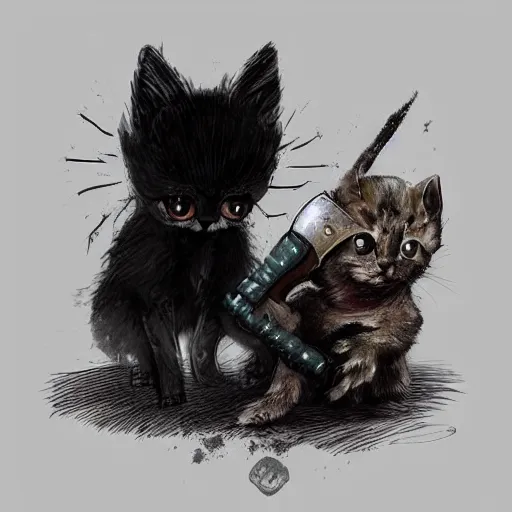 Prompt: An adorable kitten as a 'Bloodborne' hunter