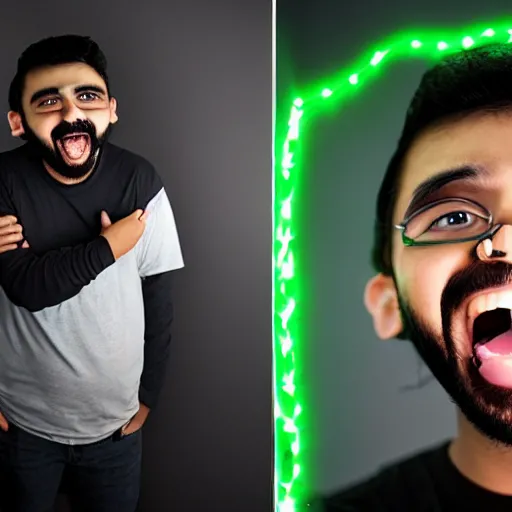 Image similar to Mutahar laughing, led lights, dark room