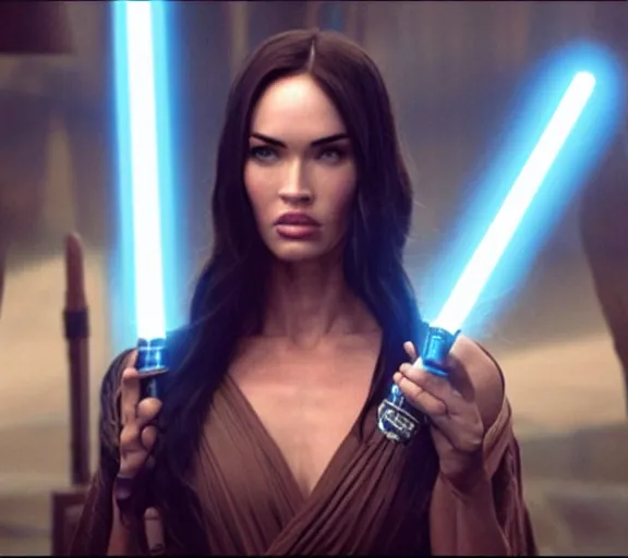 Image similar to Still of Megan Fox on the Jedi Council, Star Wars Unirverse, Cinematic Lighting, beautiful composition, 8K resolution