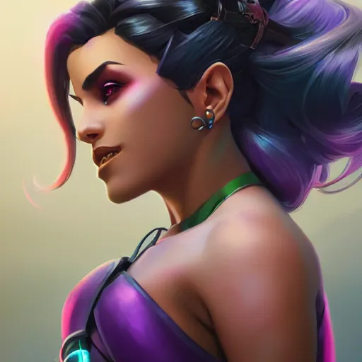 Prompt: Closeup of Sombra from Overwatch, D&D, fantasy, intricate, elegant, highly detailed, digital painting, artstation, concept art, matte, sharp focus, illustration, hearthstone, art by Artgerm and Greg Rutkowski and Alphonse Mucha