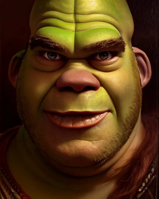 Image similar to a half body portrait of shrek, high detail, cleary see face, by gaston bussiere, bussiere rutkowski andreas rocha, bayard wu, greg rutkowski, odd nerdrum, maxim verehin, dan dos santos, masterpiece, sharp focus, cinematic lightning