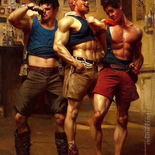 Image similar to attractive muscular male with red hair and attractive muscular male with black hair. pants and shorts, drinking their hearts out, having fun, in a pub. highly detailed and very defined painting by gaston bussiere, j. c. leyendecker, craig mullins 8 k
