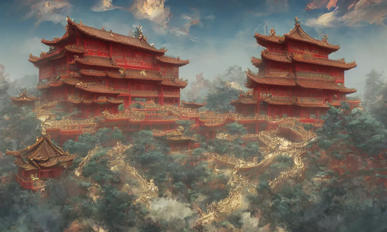 Prompt: A Chinese style splendid palace of the game concept scene original painting, super wide angle, magnificent and gorgeous atmosphere，rtx on，by moebius, Neil Blevins and Jordan Grimmer, trending on cgsociety and artstation, unreal engine，Volumetric light，surreal