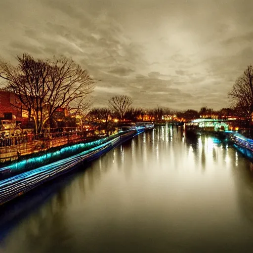 Image similar to A Mystic River, The River Is Full of Lights, Mysticism, Artwork, Watercolor, Indian Art, Cinematic, Tri-X 400 TX, Exposure, Slit-Scan Photography, 2-Dimensional, 4k, Ultra-HD, Incandescent, Ray Tracing Reflections, insanely detailed and intricate, hypermaximalist, elegant, ornate, hyper realistic, super detailed:: watermark:: blurry:: cropped:: blur:: blurry:: out of focus:: by Dorothea Tanning, by Rene Magritte, by Victto Ngai