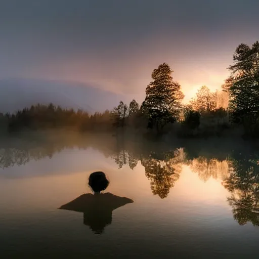 Image similar to a ghostly woman in a white dress rising soaking wet from a misty lake with outstretched arms, high resolution photograph, late autumn, sunset, eerie light