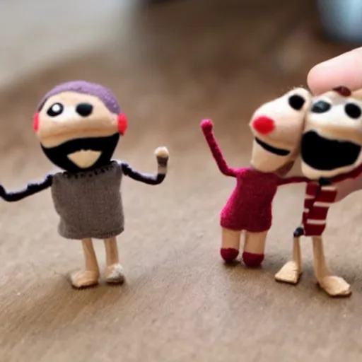 Prompt: these puppets are very small and have a very clear understanding of being only one inch tall.