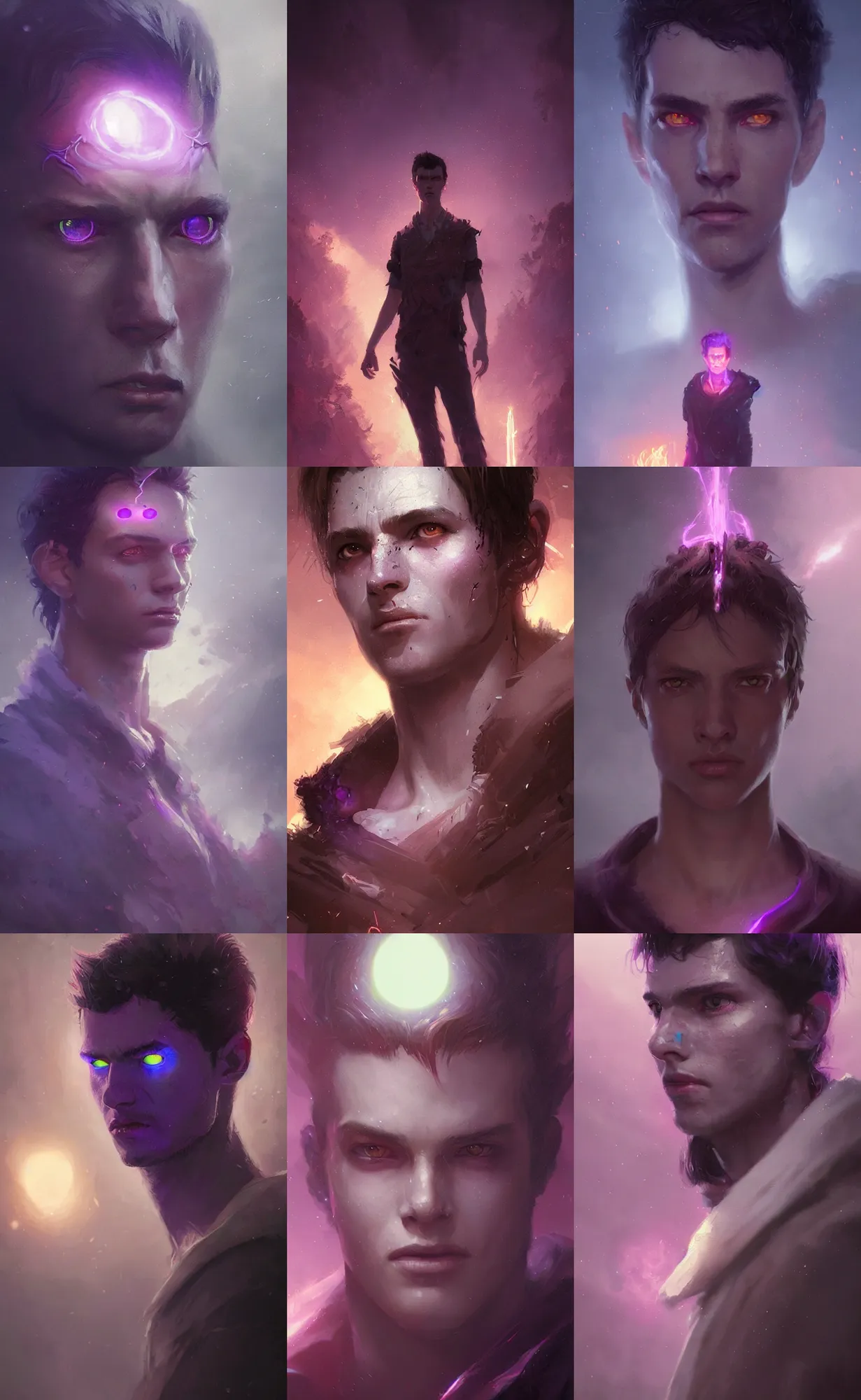 Prompt: portrait of a young man with glowing purple eyes, fantasy, highly detailed, cinematic lighting, digital art painting by greg rutkowski