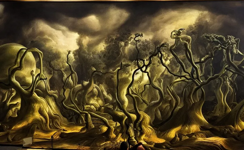 Prompt: strange hyper real disturbing tendril surrealistic landscape with very small strange figures in the distance with large looming shiny biomorphic skinny figures looming inthe foreground, cast shadows, chiaroscuro, painted by dali and rachel ruysch, timeless disturbing masterpiece