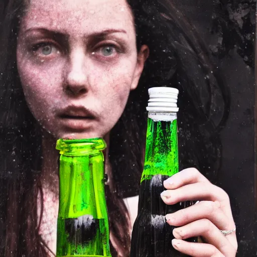 Image similar to photograph of woman holding a bottle in street, fashion shoot, award winning, kodak, 4 k, realistic intricate detail, hyper detail, woman very tired, full body potrait holding bottle, hazel green eyes, realistic, highlydetailed, natural, masterpiece, sharp focus, jennysaville