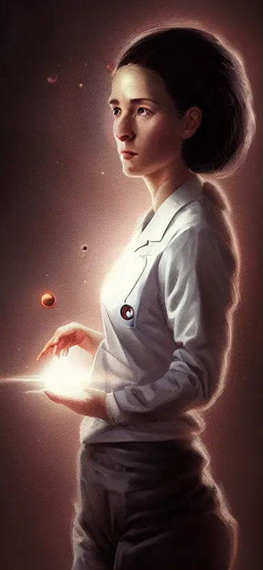 Image similar to a portrait art of a female scientist in a laboratory holding a small black hole in her hands, inspired art by istvan sandorfi and greg rutkowski, concept art, stylised, elegant, illustration, high quality, highly detailed, long hair, digital art, pinterest