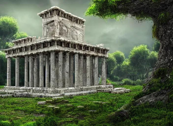 Image similar to A detailed illustration of Temple of Hephaistos, overgrown with moss, 4k, immaculate scale, trending on Artstation