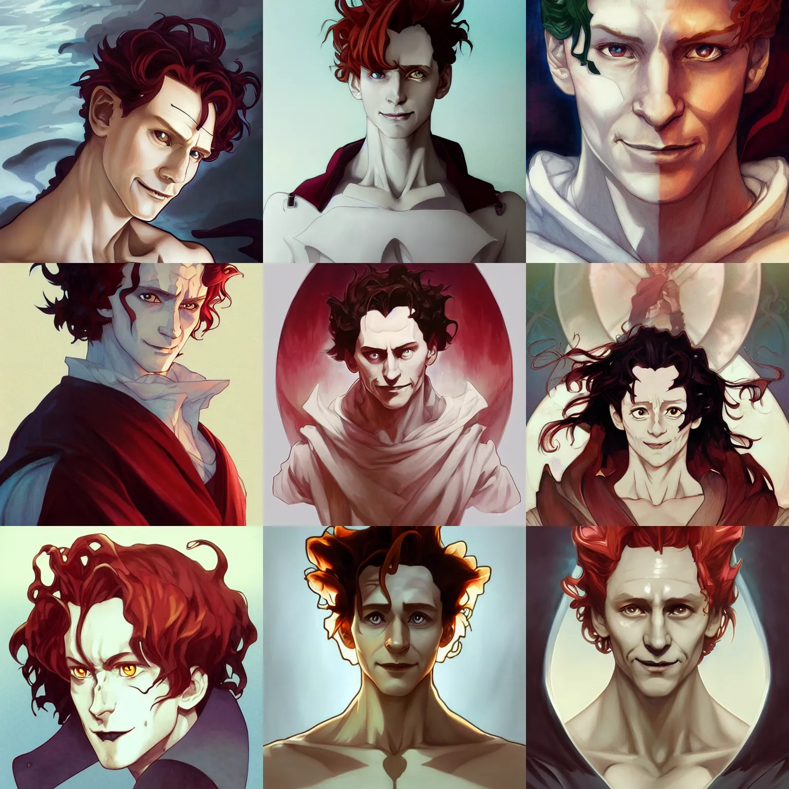 Prompt: hisoka, young tom hiddleston, cel - shaded animesque art by artgerm and greg rutkowski and alphonse mucha, smooth white skin, smirking face, reddish hair, d & d, fantasy, portrait, highly detailed, digital painting, trending on artstation, concept art, sharp focus, illustration