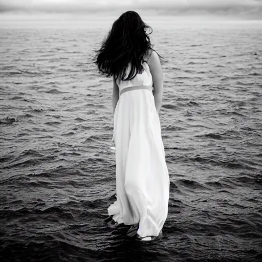 Image similar to A visibly melancholic sad and astonishingly beautiful hamburger in the middle of the ocean. tumultuous sea. cloudy. long wavy hair. long wavy white dress. black and white. 24mm lens. shutter speed 1/30. iso 350. f/5.6 W-1024