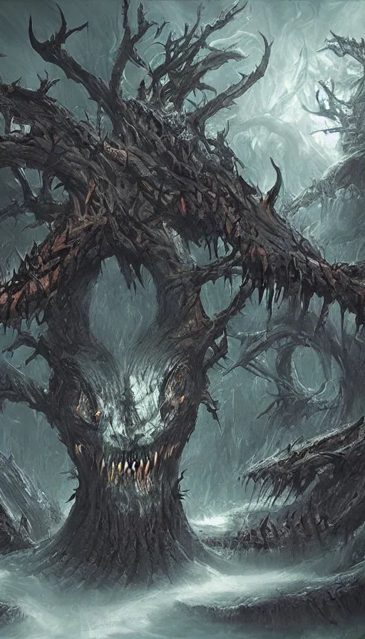 Image similar to a storm vortex made of many demonic eyes and teeth over a forest, by blizzard concept artists