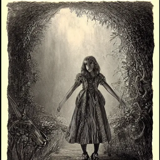 Image similar to Alice in Wonderland, portrait, realistic, very realistic, illustration by Gustave Doré