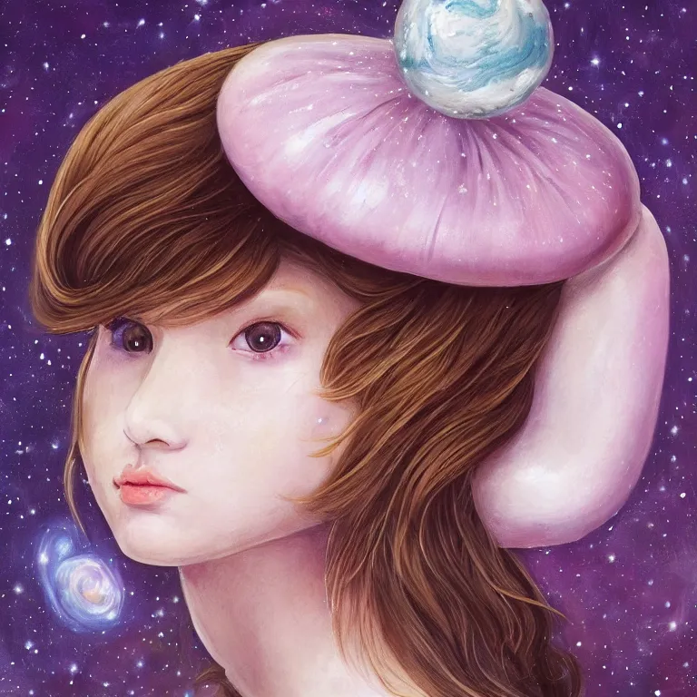 Image similar to a beautiful portrait of a girl on whose head a space and cosmic places like ganache, planets like a whipped frosting or filling made with semisweet chocolate and cream, used for cakes, pastries, and candies, highly detailed, fantasy art