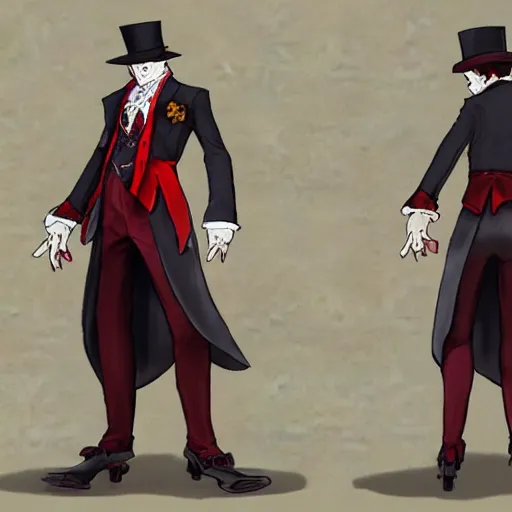 Image similar to FFXIV concept art of a gentleman with a red top hat and monocle and a floral suit