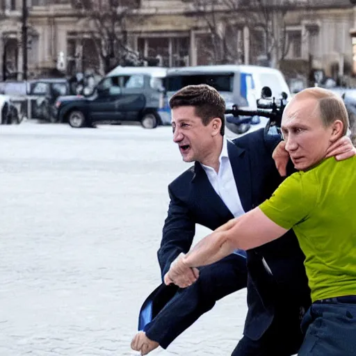 Prompt: epic fight scene of Zelensky and putin