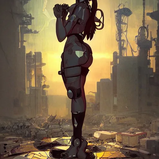 Prompt: Anime cyberpunk ninja babe standing on a pile of destroyed drones and machines, by artgerm and Alphonse Mucha, cinematic, dramatic lighting, post-apocalypse realistic