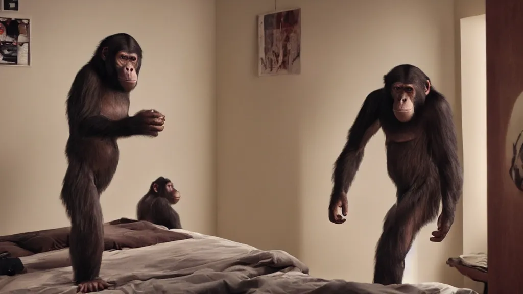 Prompt: a human ape hybrid in college dorm, film still from the movie directed by Denis Villeneuve with art direction by Salvador Dalí, wide lens