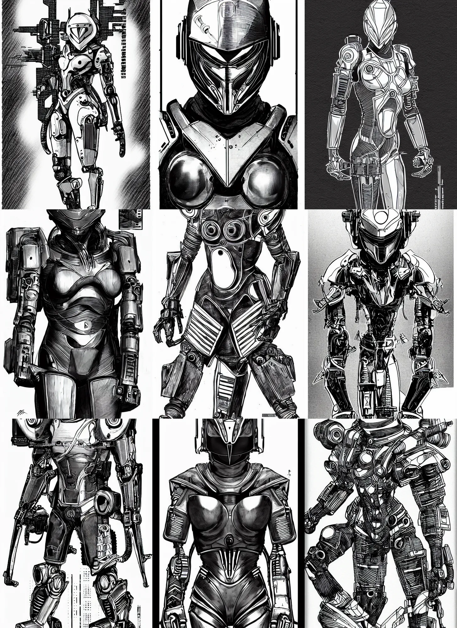 Prompt: combat ninja robot designed by jony ive and dieter rams, warframe art, feminine proportions, detailed helmet, portrait, cyberpunk 2 0 2 0 manual, by steampoweredmikej, by tim bradstreet, inktober, ink drawing, black and white, coloring pages, manga, highly detailed