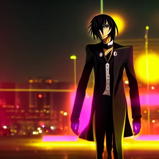 Image similar to Lelouch Lamperouge in a neon city, octane render 8k, atmospheric render, myserious man, professional render, volumetric light, redshift render, eccentric Lelouch vi Britannia, bokeh effect, detailed face