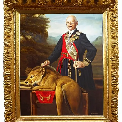 Image similar to Swedish king Carl XVI Gustaf with his pet lion, smoking a cigar, professional oil painting, highly detailed, renaissance