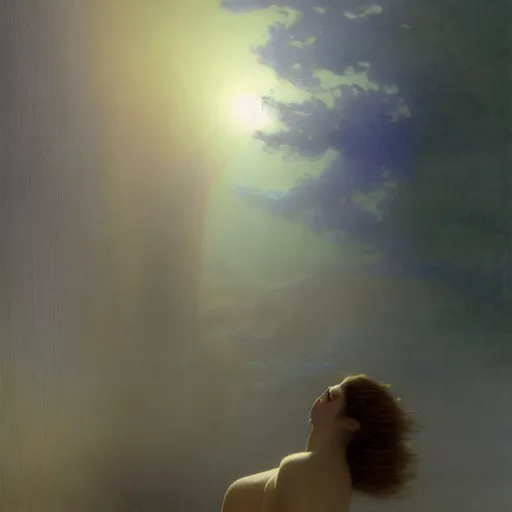 Image similar to a young woman's face, her hair is silver white and she wears an indigo blue satin cloak, by ivan aivazovsky and syd mead and moebius and gaston bussiere and roger dean and pieter claesz and paul delaroche and alma tadema and aelbert cuyp and jan heem, hyperrealistic, volumetric light, octane render