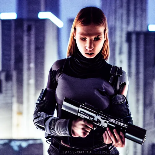 Image similar to cinestill 5 0 d candid photographic portrait of a techwear woman holding a gun on the rooftop of a futuristic city at night, closeup, modern cyberpunk moody emotional cinematic, clear skies, 8 k, hd, high resolution, 3 5 mm, f / 3 2, ultra realistic faces, ex machina