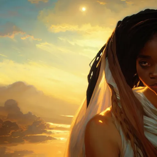 Image similar to a Photorealistic dramatic hyperrealistic bright blue eyes, African American elegant girl, black hair, white veil,by WLOP,Artgerm,Greg Rutkowski,Alphonse Mucha, Dang My Linh, Beautiful dynamic dramatic bright sunset lighting,shadows,cinematic atmosphere,Artstation,concept design art,Octane render,8k