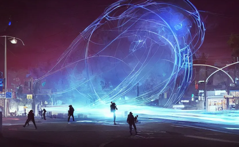 Image similar to people with posters attacking cops, a huge blue spiral - shaped white luminous attractor is floating on the horizon near the sun, stores in los angeles with light screens all over the street, concept art, art for the game, professional lighting, dark night lighting from streetlights