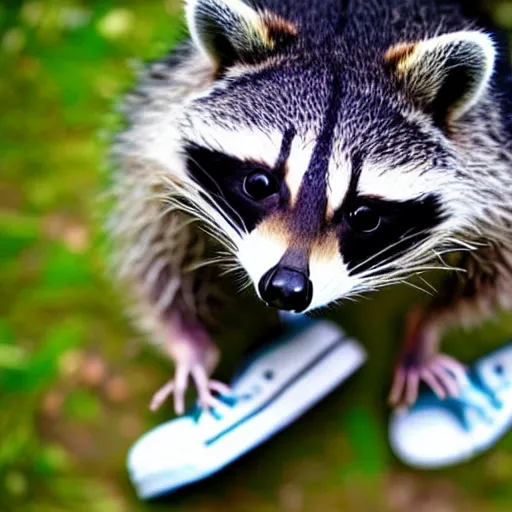 Image similar to a cute raccoon and a white sneaker shoe with its laces undone, highly detailed, hyperrealistic, award winning, national geographic wildlife photo, bokeh, soft lighting