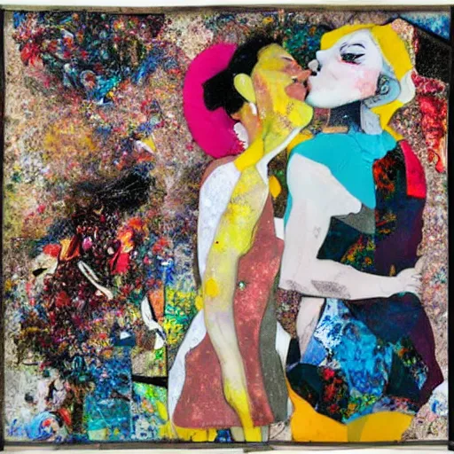 Image similar to two dream women kissing at a carnival made of love, mixed media collage, retro, paper collage, magazine collage, acrylic paint splatters, bauhaus, abstract claymation, layered paper art, sapphic visual poetry expressing the utmost of desires by jackson pollock