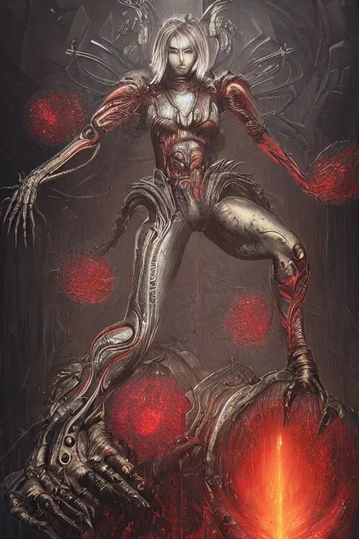 Image similar to portrait of samus metroid by hr giger, greg rutkowski and wayne barlowe as a diablo, dark souls, bloodborne monster, veiled necromancer lich bride