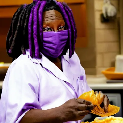 Image similar to whoopi goldberg making potstickers on the moon wearing purple