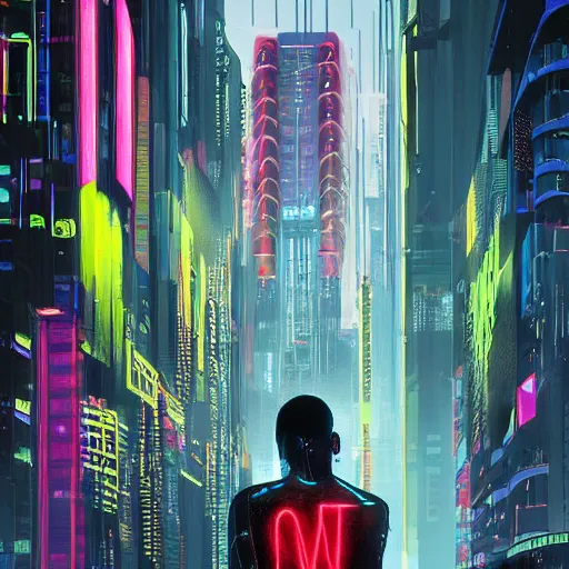 Image similar to painted by Robin Eley, a man in a neon suit stands in an empty room, his right arm and leg are cybernetic prosthetics. Outside the large floor to ceiling windows is a vast cyberpunk cityscape