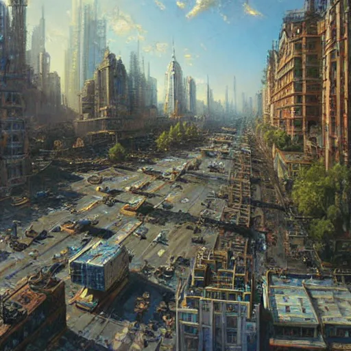 Prompt: street city, hyperrealism, no blur, 4k resolution, ultra detailed, style of John Berkey, Hans Thoma, Ivan Shishkin, Tyler Edlin, Thomas Kinkad