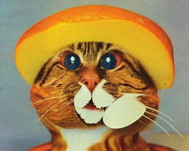 Prompt: 1970's cookbook color photograph of cat made from cheese sharp detail high detail