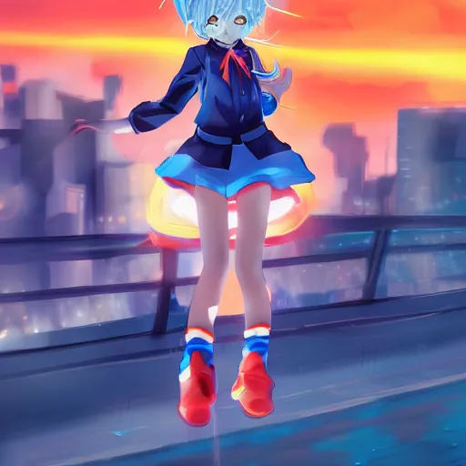 Prompt: Splash art Anime loli, blond hair with pigtails, blue coat, and black shorts, she flies by using blue neon powers through the city. Cinematic sunset, faint orange light. Amazing piece Trending on Artstation