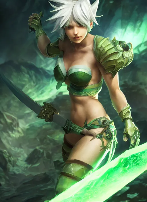 Prompt: riven from league of legends, au naturel, fighting with green sword, hyper detailed, digital art, trending in artstation, cinematic lighting, studio quality, smooth render, unreal engine 5 rendered, octane rendered, art style by klimt and nixeu and ian sprigger and wlop and krenz cushart