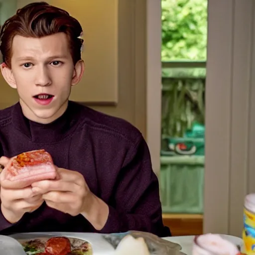 Image similar to Tom Holland eating spam musubi