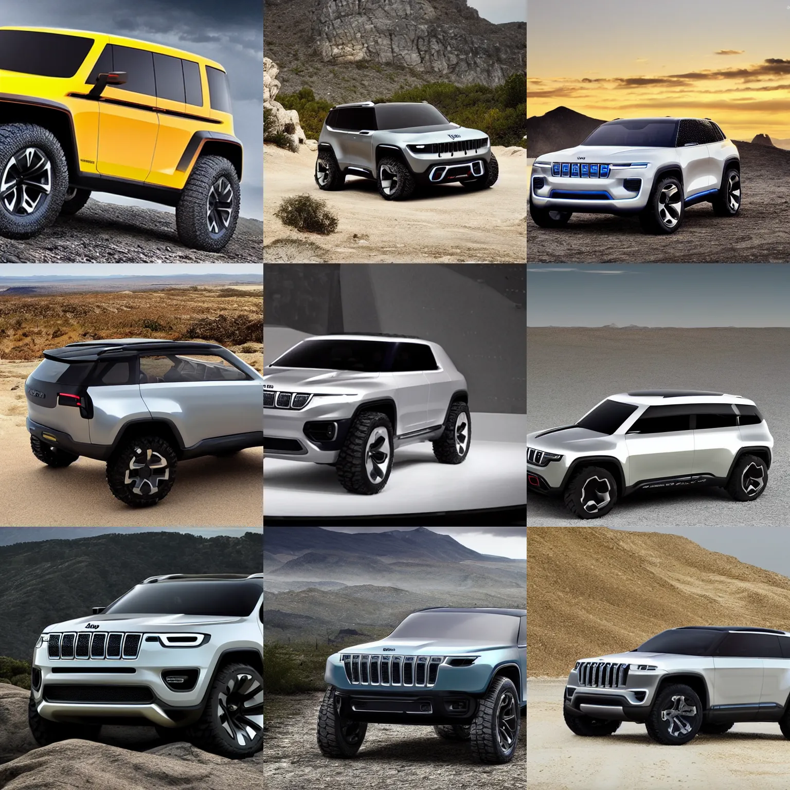 Prompt: future jeep concept suv, clean, tough, simple, electric,