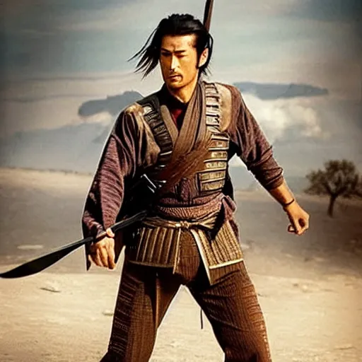 Prompt: handsome and strong kurdish samurai wielding a katana in a movie directed by christopher nolan, movie still frame, promotional image, imax 7 0 mm footage, perfect symmetrical facial features